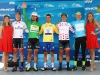 SOUTH LAKE TAHOE, CA - MAY 19: From left, Neilson Powless of the United States riding for Axeon Hagens Berman in the Best Young rider jersey, Peter Sagan of Slovakia in the Green Points jersey, Julian Alaphilippe in the yellow Race Leader's jersey, Evan Huffman of the United States riding for Rally Cycling in the King of the Mountains jersey, and Toms Skujins of Latvia riding for Cannondale Pro Cycling Team in the Most Courageous rider jersey pose for a photo following stage five of the Amgen Tour of California on May 19, 2016 in South Lake Tahoe, California. (Photo by Chris Graythen/Getty Images) *** Local Caption *** Neilson Powless;Peter Sagan;Julian Alaphilippe;Evan Huffman;Toms Skujins